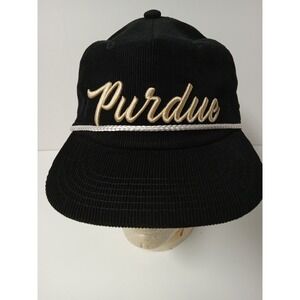 Purdue Boilermakers Vtg Style Black Corduroy Rope Cap Hat Adj. Strap Embroidered